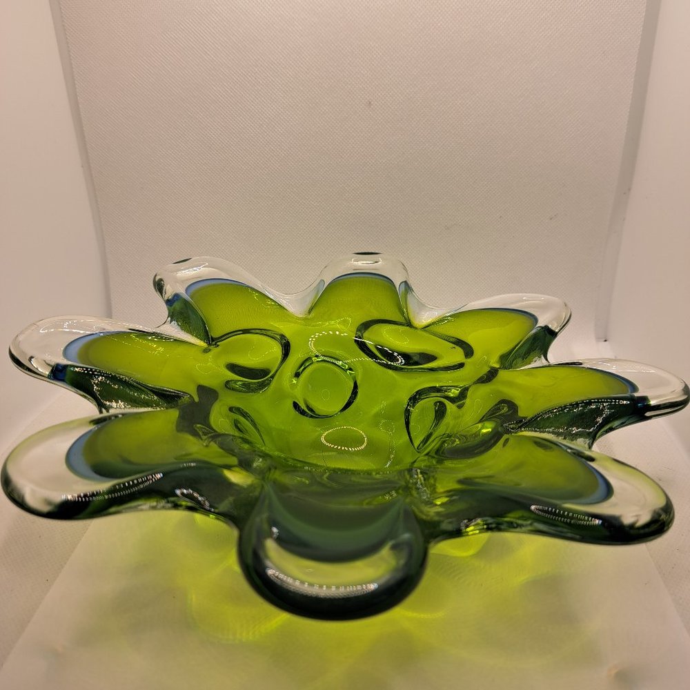 Art glass bowl vintage, green and clear glass.